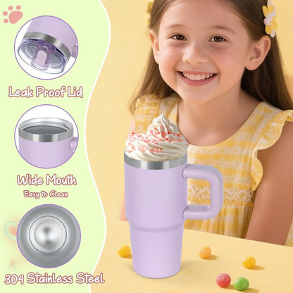 Cosictic 14 Oz Flip Straw Tumbler with Handle for Kids, Stainless Steel Double Wall Insulated Cup for Children with Flip Top Lid, 14 Oz Leak-proof Cups for Kids, Sky Blue and Purple