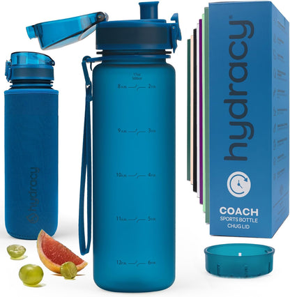Hydracy Water Bottle with Time Marker -Large BPA Free Water Bottle & No Sweat Sleeve -Leak Proof Gym Bottle with Times to Drink - Ideal for Fitness Sports & Outdoors