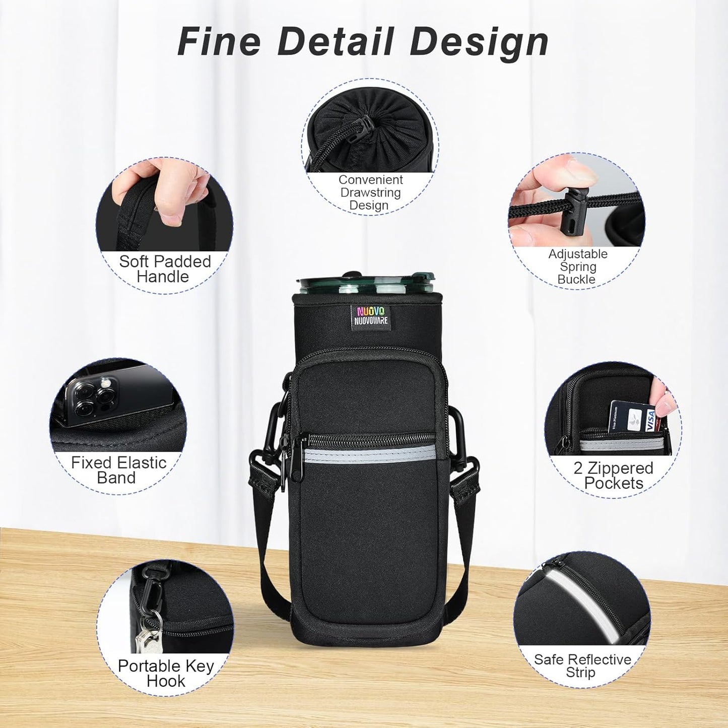 Nuovoware Water Bottle Carrier Bag,25oz/40oz/64oz Bottle Pouch Holder,Adjustable Shoulder Hand Strap 2 Pocket Sling Neoprene Sleeve Sports Accessories for Hiking Travelling Camping