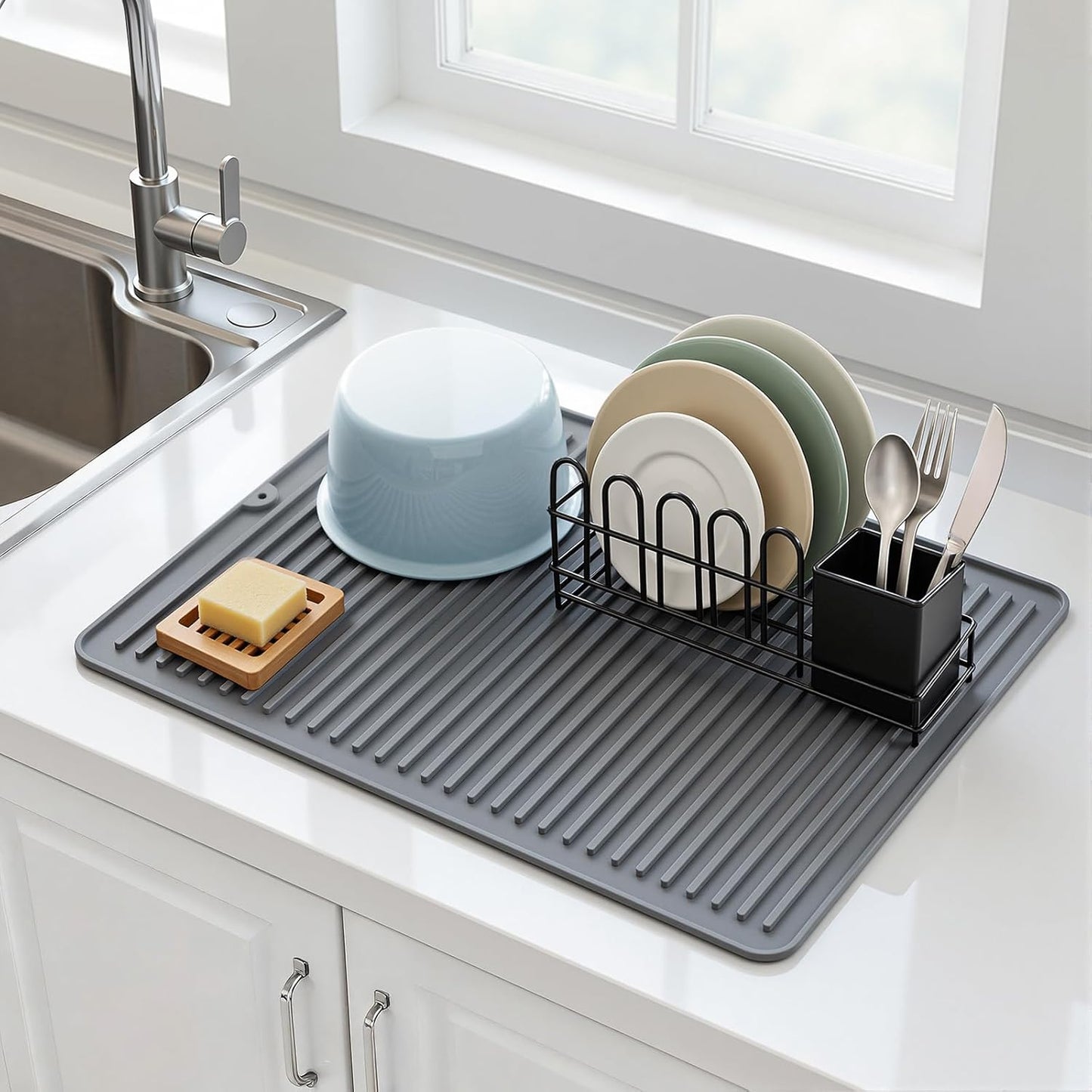 Songrey 12" x 6.5" Silicone Dish Drying Mat, Kitchen Counter Drying Pad for Sink Dishes or Under Rack, Multi-Use as Heat Resistant Trivet, Coffee Bar Mat