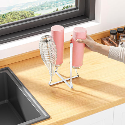 Foldable Water Bottle Drying Rack, Stainless Steel Tumbler Dryer Stand for Kitchen Counter, Multifunctional Space-Saving Cup Drainer for Water Bottles, Baby Bottles, Glasses & Reusable Bags (Silver)