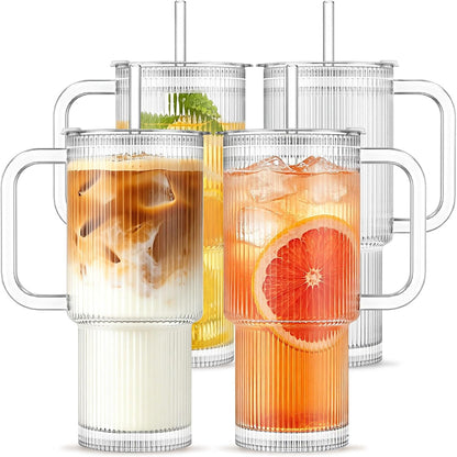 INSETLAN 24oz Ribbed Glass Tumbler with Handle & Lid – 2-Pack Large Iced Coffee Cups with Straws, Modern Glass Mug for Cold & Hot Beverages, Aesthetic Travel Cup for Smoothies, Tea, and Juice