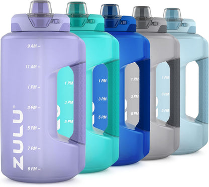 ZULU Goals 64oz Half Gallon Plastic Water Bottle with Straw and Time Marker | Large Reusable Jug with Handle and Leak Proof Lid for All Day Hydration, Gym and Outdoors, Gift Ready, Violet
