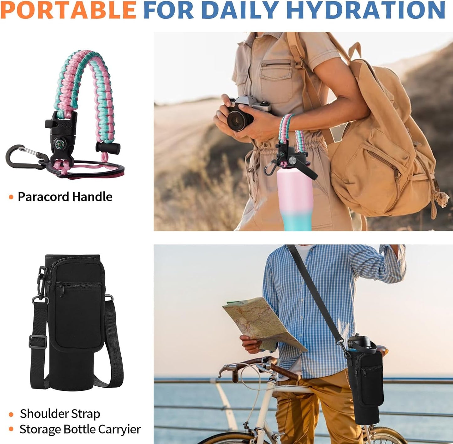 Insulated Water Bottle 40 oz - Fits in any Car Cup Holder, Keep Cold 48H Hot 24H, Stainless Steel Waterbottle Double Wall Flask with Straw, Pop-up Spout Lid, Paracord Handle, Carrier Bag