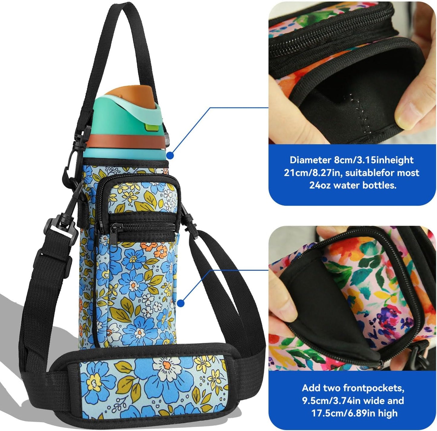 Neoprene Water Bottle Holder Bag with Cell Phone Pocket Compatible with Owala FreeSip 24 oz，Water Bottle Carrying Bag ，with Adjustable Shoulder Strap,for 24oz Stainless Steel Water Bottle