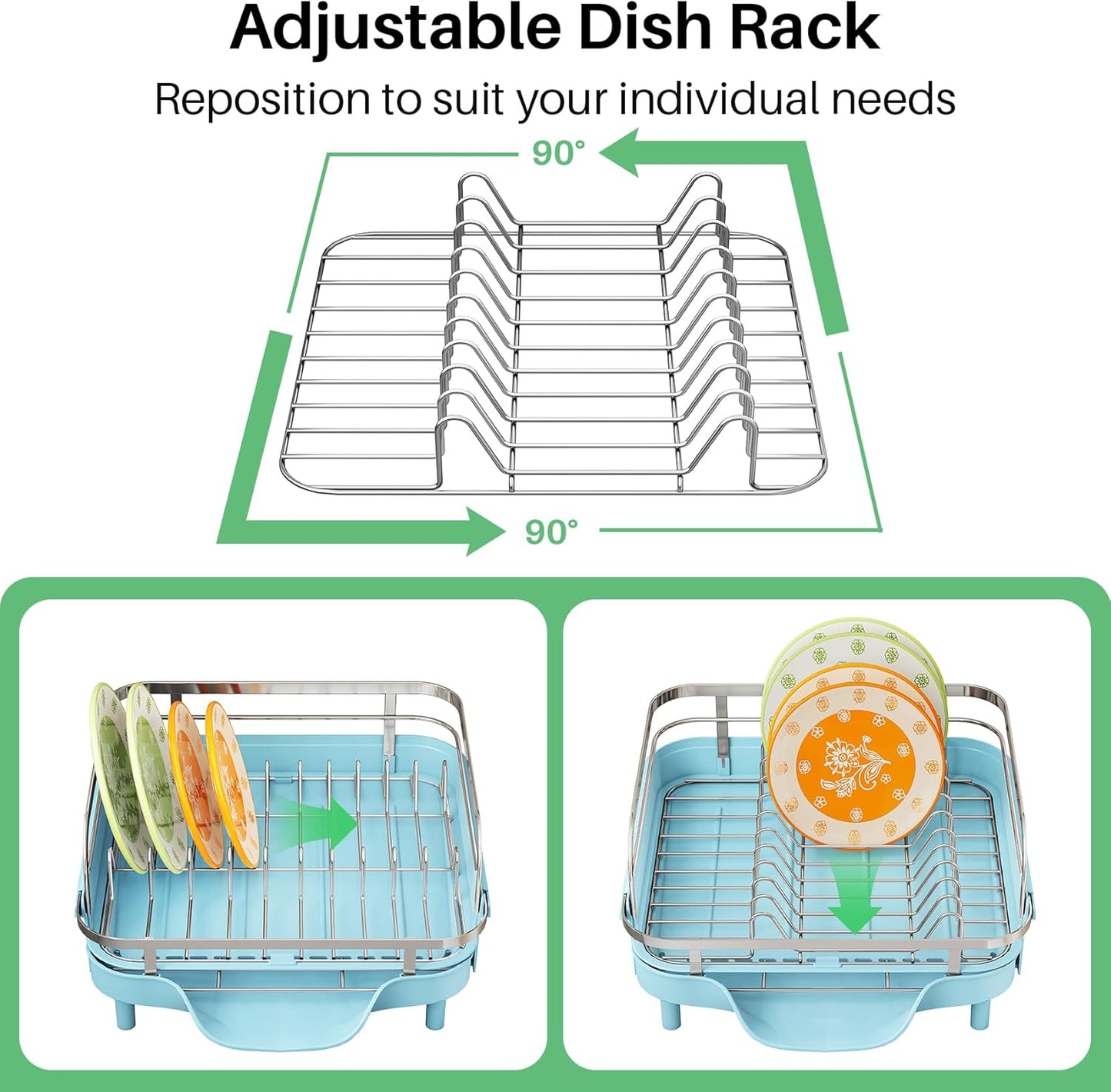 SAYZH Dish Drying Rack - Expandable Dish Rack for Kitchen Counter, Rust-Resistant Dish Drainer with Utensil Holder and Raised Guardrail, Kitchen Organizer for Cup and Bottle (Black)