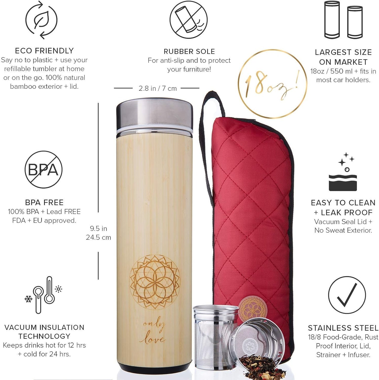 Sacred Lotus Love Insulated Bamboo Tea Travel Tumbler with Infuser, Strainer & Sleeve - For Hot Coffee or Cold, Stainless Steel Coffee Mug, Ideal Tea Gift Set, Keeps Beverages Hotter for Longer