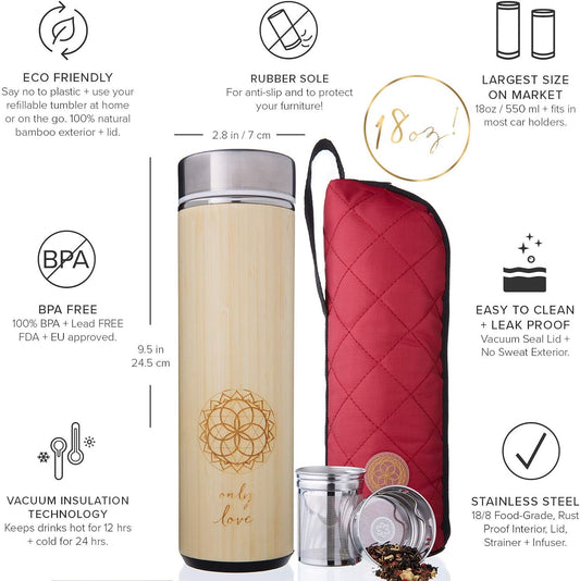 Sacred Lotus Love Insulated Bamboo Tea Travel Tumbler with Infuser, Strainer & Sleeve - For Hot Coffee or Cold, Stainless Steel Coffee Mug, Ideal Tea Gift Set, Keeps Beverages Hotter for Longer