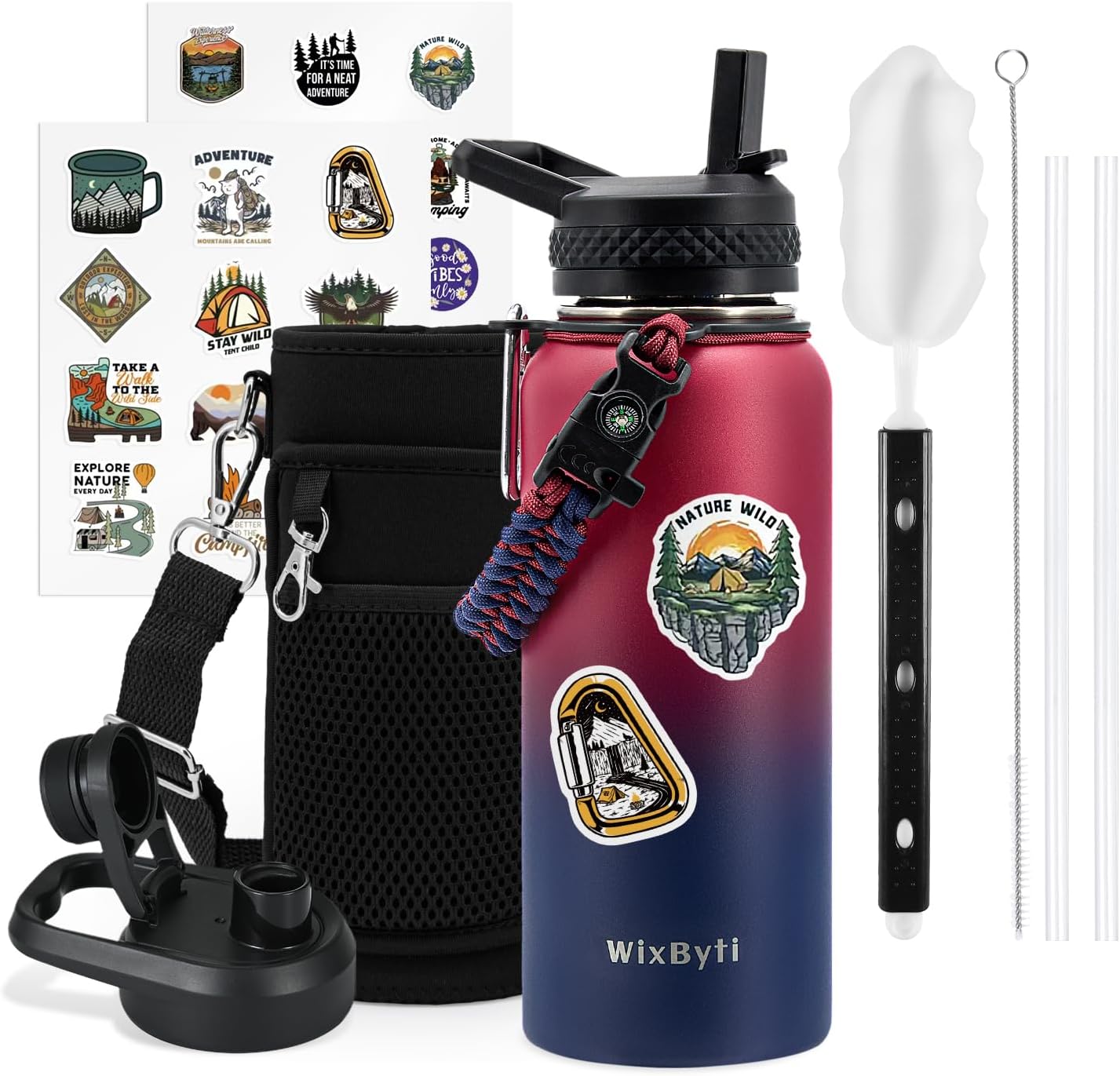 WixByti 40 oz Insulated Water Bottle with Straw (Cold for 36 Hrs), Stainless Steel Triple Wall Vacuum Sports Water Jug, Leakproof Hydro Cup Flask with Paracord Handle & Straw Spout Lids & DIY Stickers