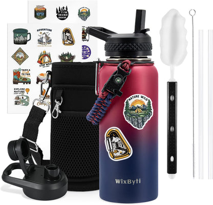 WixByti 40 oz Insulated Water Bottle with Straw (Cold for 36 Hrs), Stainless Steel Triple Wall Vacuum Sports Water Jug, Leakproof Hydro Cup Flask with Paracord Handle & Straw Spout Lids & DIY Stickers