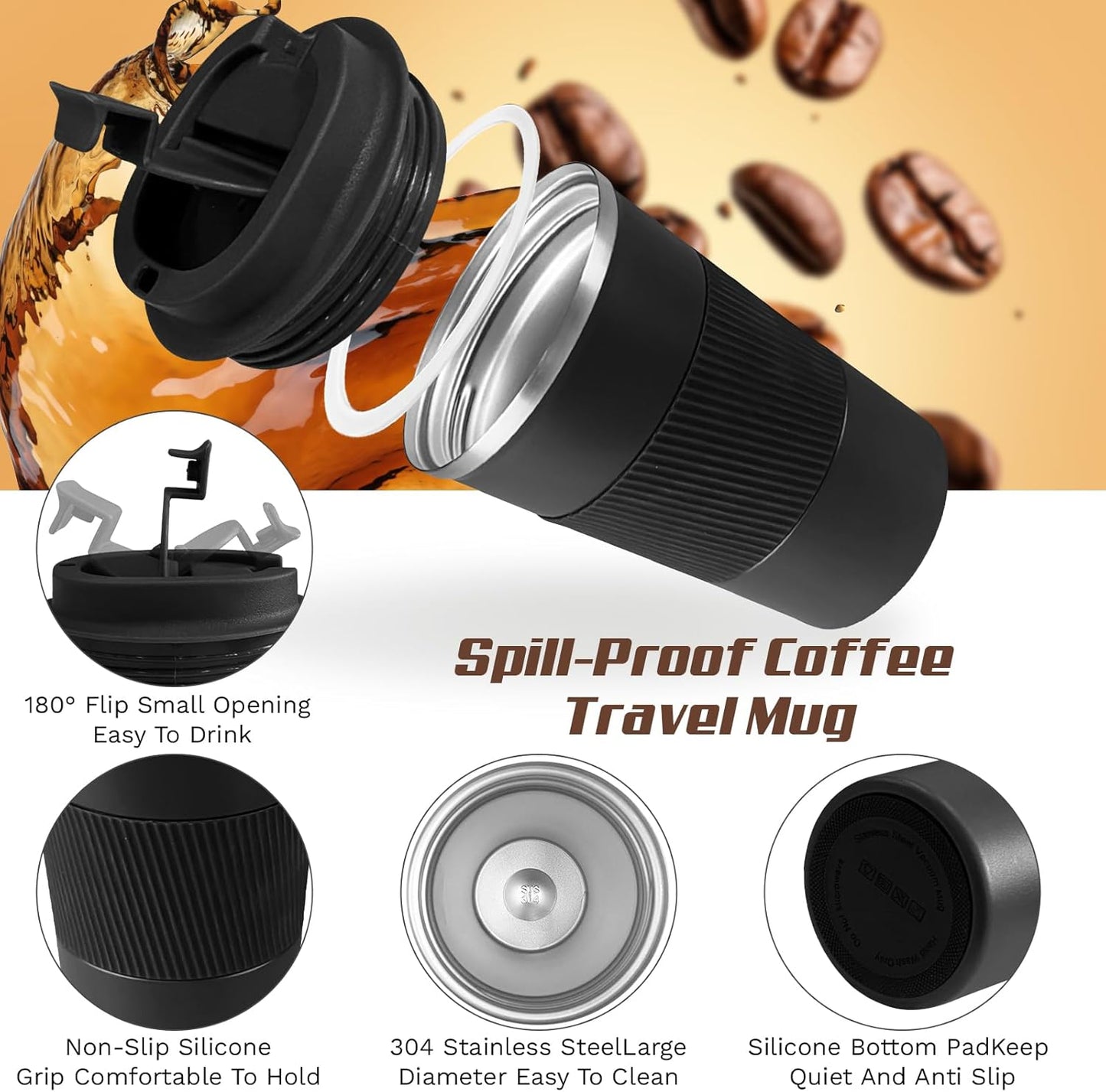SPLMIFA Vacuum-Insulated Stainless Steel Travel Coffee Mug, Leak-Proof Reusable Coffee Cup with Lid - Keep Hot & Cold Drinks for Hours, Durable Insulated Tumbler for Men & Women(3rd-Black, 12OZ)