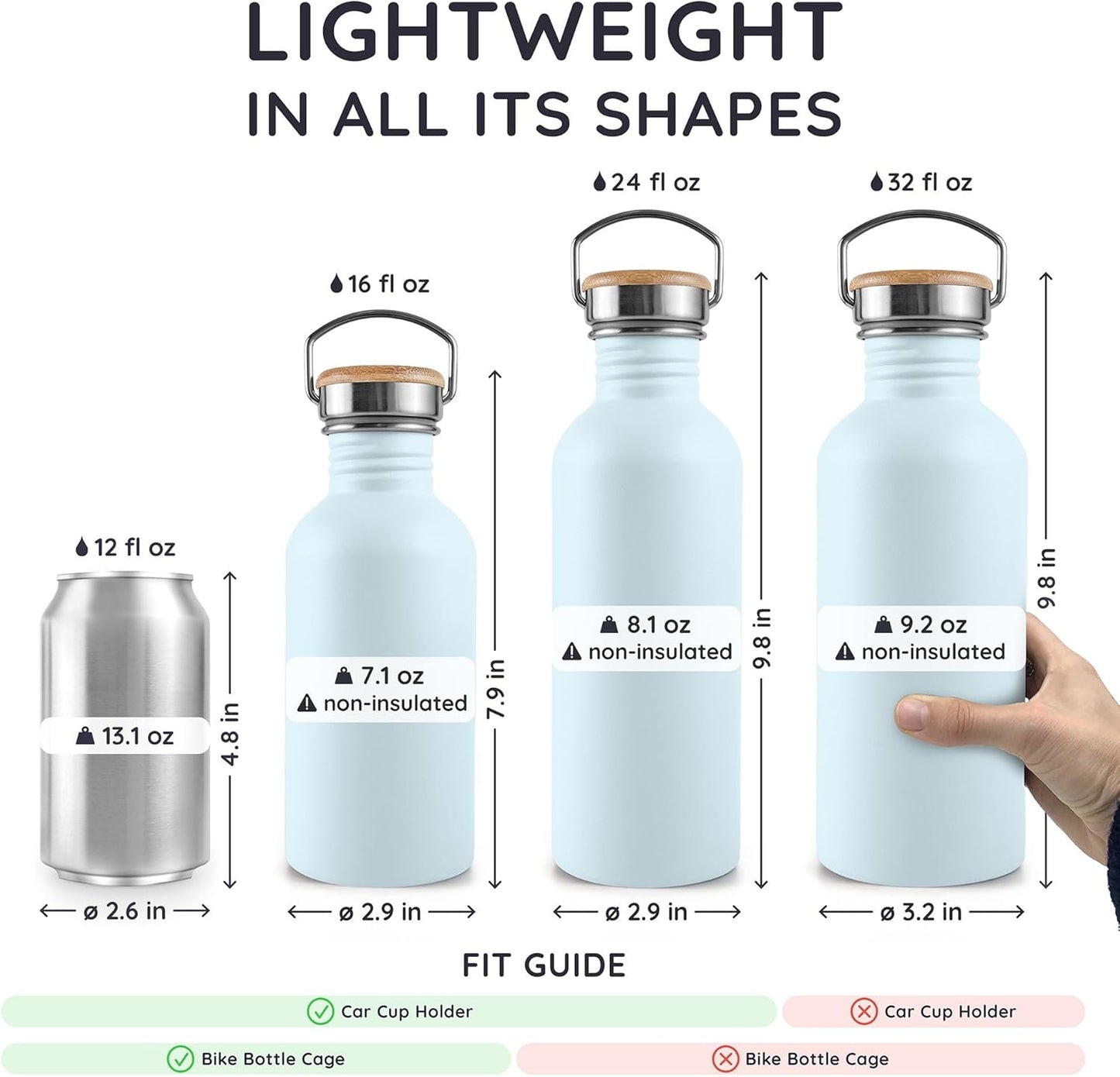 Bambaw Stainless Steel Water Bottles 32 oz, Non-insulated Single Wall Metal Water Bottle Stainless Steel, Reusable & Eco Friendly, Dishwasher Safe – Silver | Non-insulated