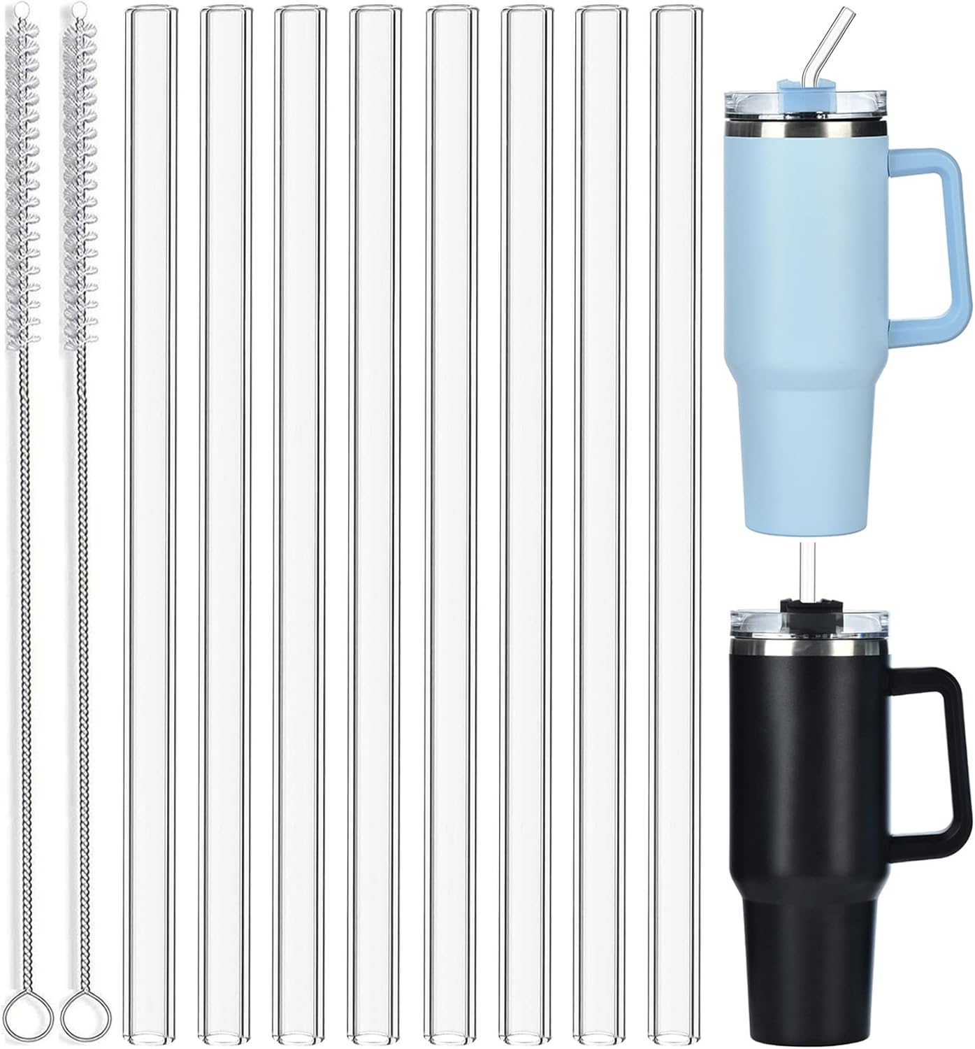 ALINK 8 Pack Replacement Glass Straws for Stanley 40 oz 30 oz Tumbler, 12 in Long Reusable Clear Straws for Stanley Cup Accessories, Half Gallon Bottle, Plus 2 Cleaning Brush