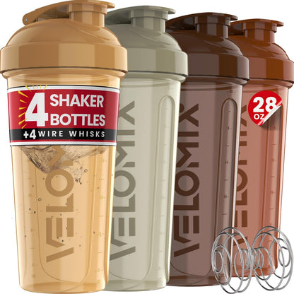 VELOMIX -4 PACK 28 Oz Protein Shaker Bottle for Protein Mixes - 4x Wire Whisk | Leak Proof Shaker Cups for Protein Shakes | Large, Stackable Protein Shaker Bottles Pack | Dishwasher Safe (Aqua Depths)