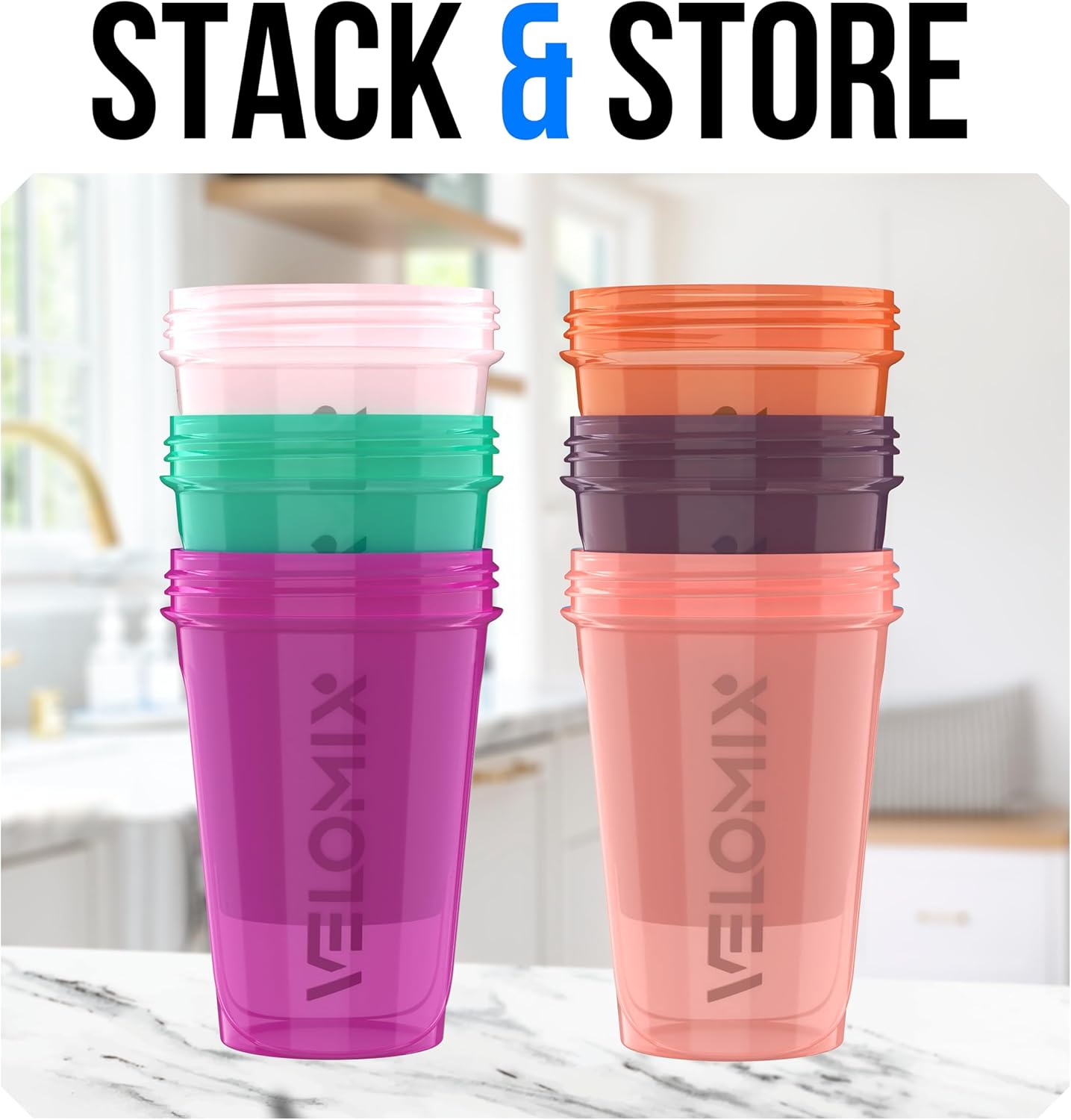 VELOMIX -6 PACK- 20 oz Protein Shaker Bottle for Protein Mixes - 6x Wire Whisk | Leak Proof Shaker Cups for Protein Shakes | Stackable Protein Shaker Bottle Pack | Dishwasher Safe (Pastel Shades)