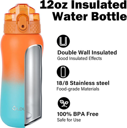 Oldley Insulated Water Bottle 20oz for Adults Kids Stainless Steel Water Bottles with Straw/Chug/Carabiner 3 Lids Fruit Strainer Double Wall Vacuum Wide Mouth BPA Free Leak-Proof for School Travel