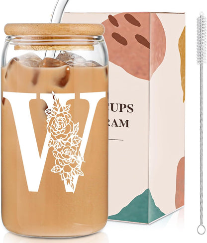 Glass Cups with Lids and Straws: Personalized Initial Glass Cup Be Used As Reusable Iced Coffee Cups with Lids,Cute Matcha Tumbler - The Christmas/Birthday Gifts for Women - M Smoothie Cup