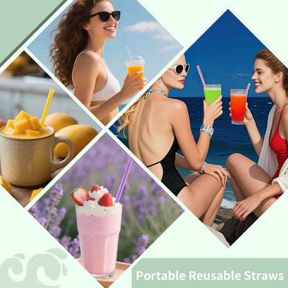 Reusable Straw with Case - Dishwasher Safe ECO-Friendly BPA Free Travel Straws with Case, 9 Inch Extra Long,Flexible Silicone Smoothie Straws with Cleaning Brush (Multicolor)
