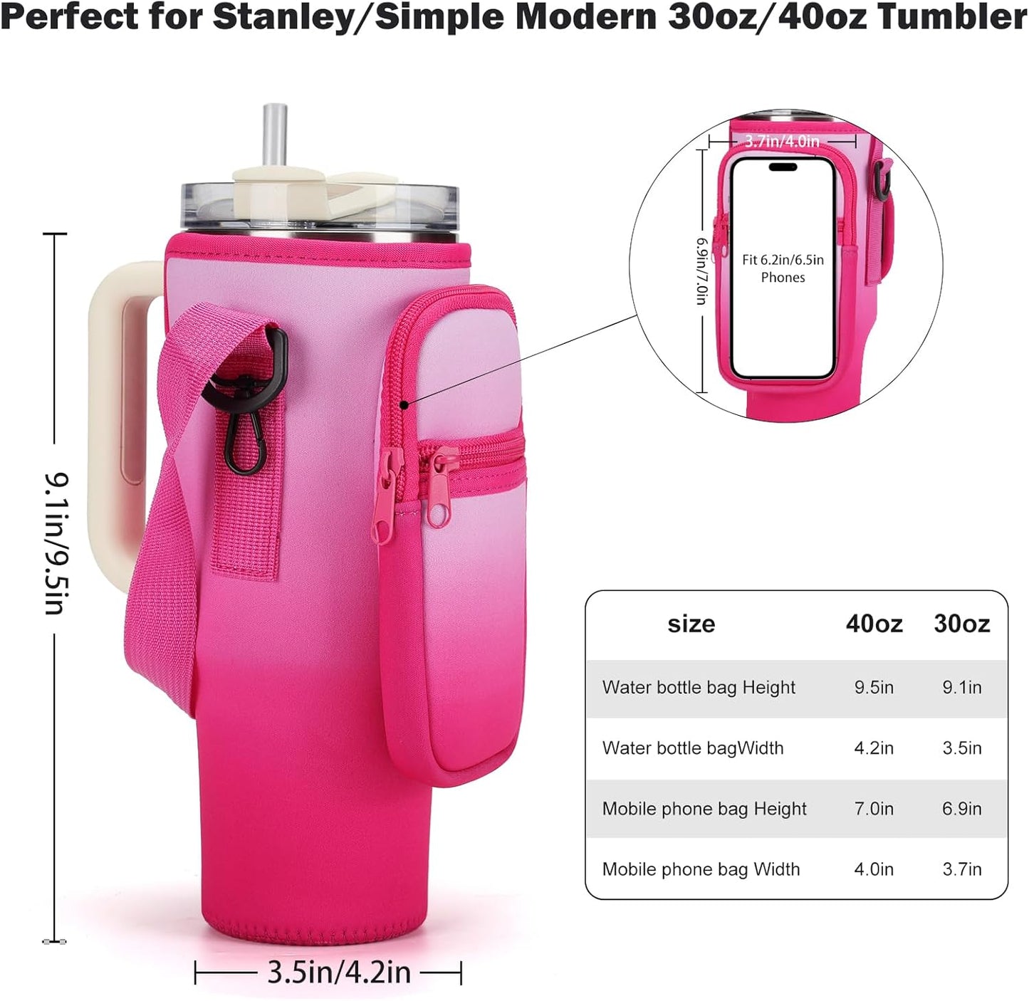 GOEWY Water Bottle Carrier Bag for Stanley 40/30 oz Tumbler with Phone Pocket Neoprene Water Bottle Holder with Shoulder & Handheld Strap Stanley Cup Accessories