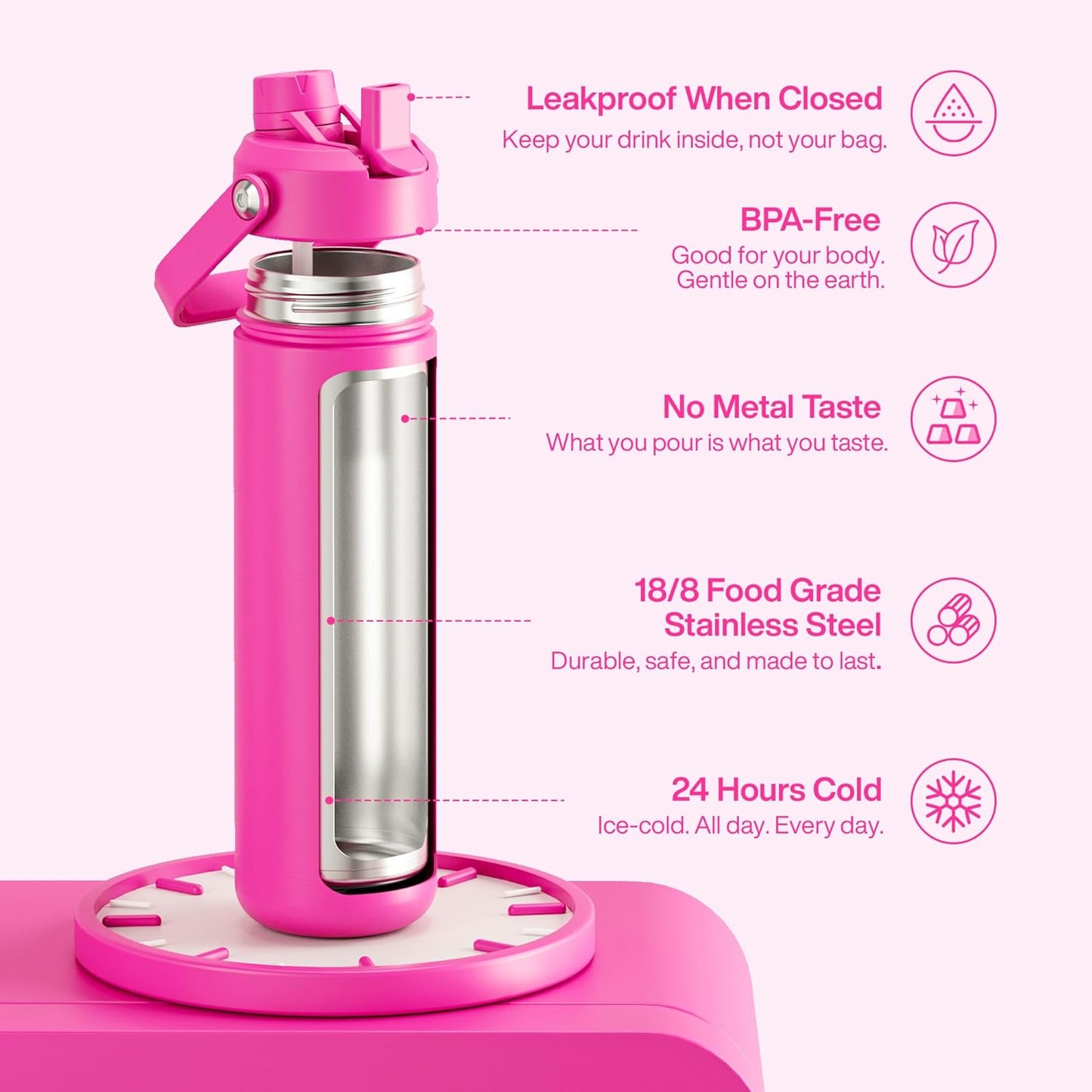 ENCOOL Insulated Water Bottle with Straw Stainless Steel Water Bottle, Leak-Proof, BPA-Free, Double Wall Vacuum Keeps Cold for 24 Hours for Sports, Travel, School (26 oz, Cotton Candy) - Colors A