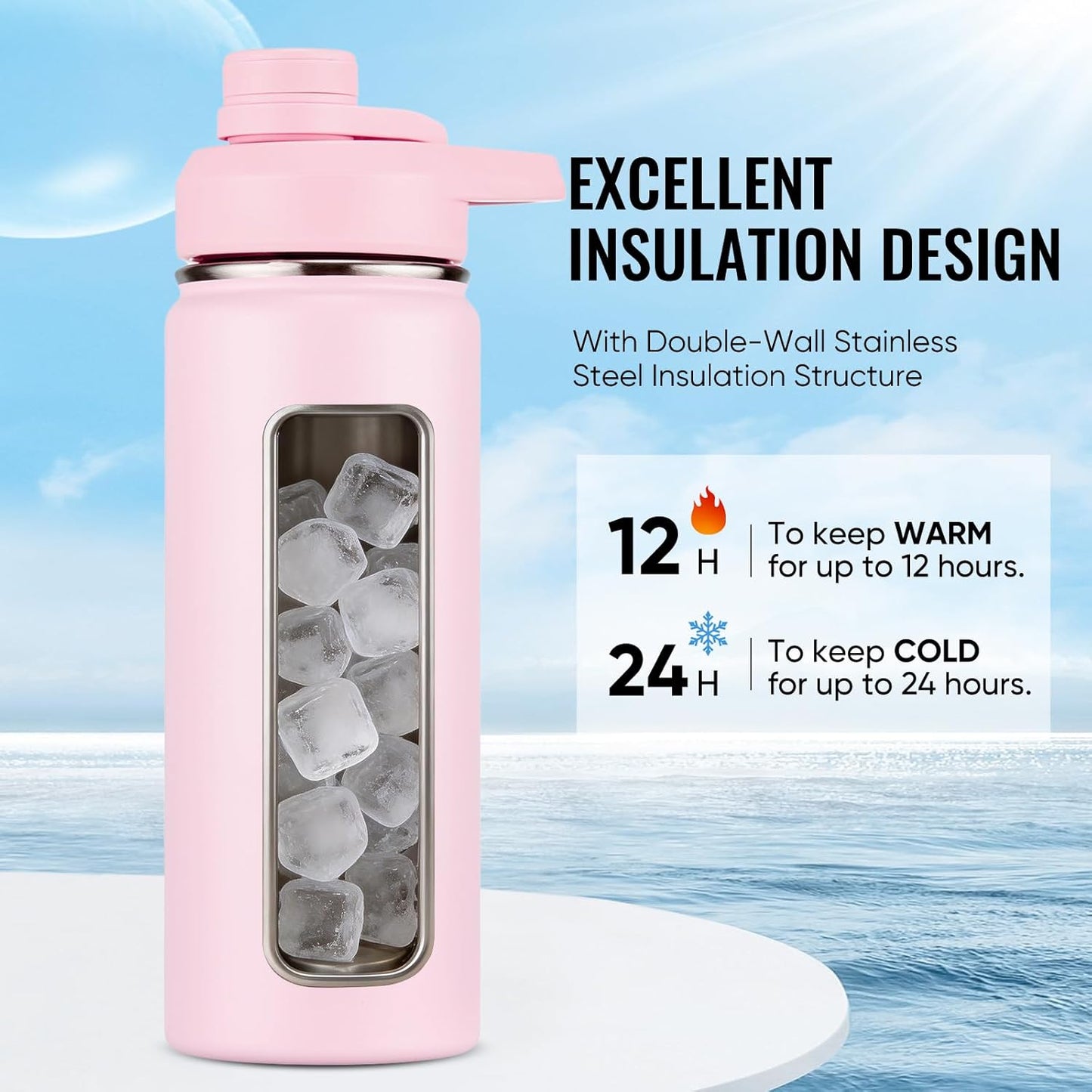 Fijinhom 24 oz Insulated Water Bottle with Handle, 304 Stainless Steel Water Bottles with Wide Mouth, Double Wall Vacuum Sports Water Bottle, BPA Free, Keep Cold and Hot, Black | with Handle