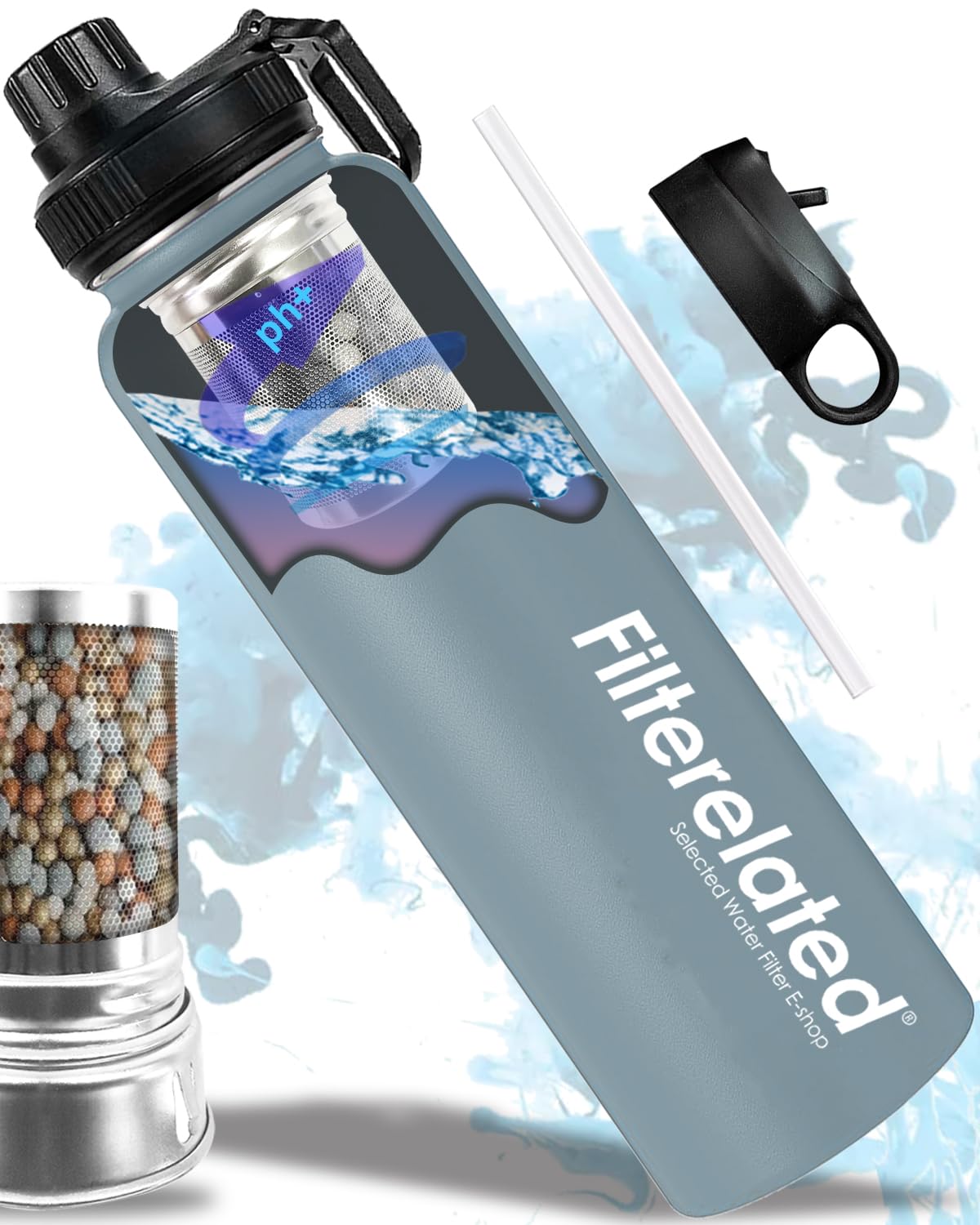 Filterelated 30oz Stainless Steel Portable Alkaline Filter Water Bottle, Creates Up to 9+ Ph of Quality Water, Sports Travel Water Bottle, Removes Water Impurities