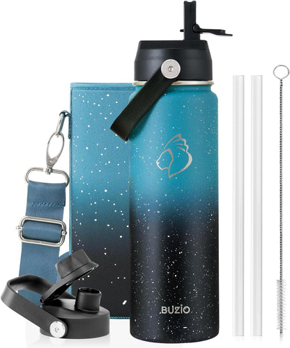 BUZIO 40oz Insulated Water Bottle, Triple Wall Vacuum Stainless Steel Water Flask with 2 lids, Lead-Free BPA-Free Straw Lid Sports Canteen Jug, Cold 48H & Hot 24H- Black - Colors A