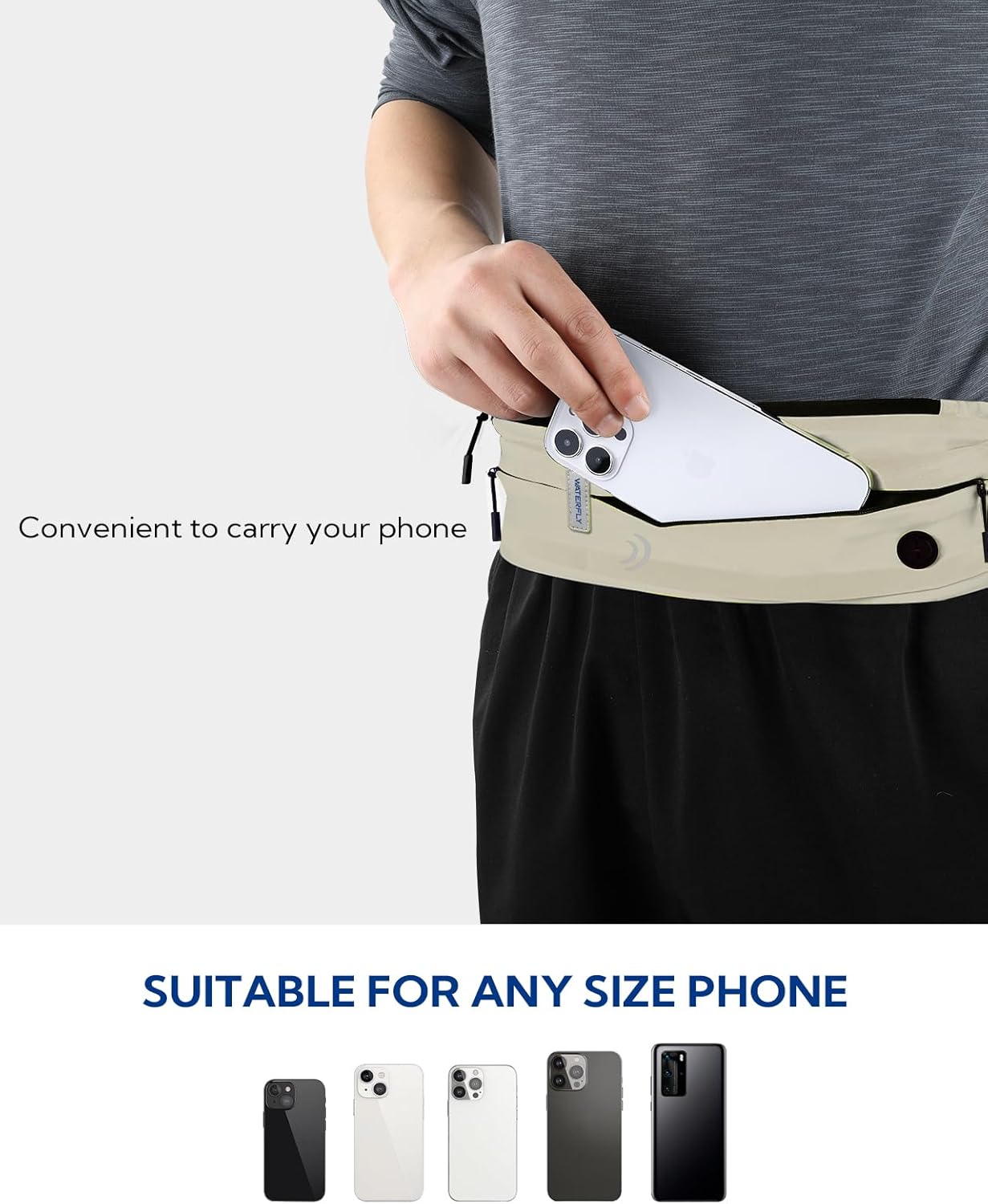 WATERFLY Running Belt Fanny Pack: Runner Marathon Jogging Waist Pack Sport Workout Exercise Fitness Phone Holder Belt for Men Women Jogger Slim Waist Bag Black