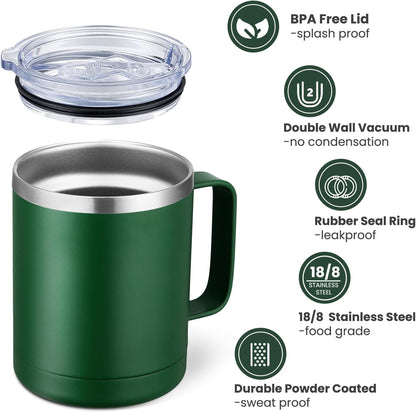 MEWAY 12oz Coffee Mug With Handle and Sliding Lid,Stainless Steel Travel Tumbler Cup with Handle,Double Wall Vacuum Insulated Camping Cup for Hot & Cold Drinks Tea (Black,Set of 1