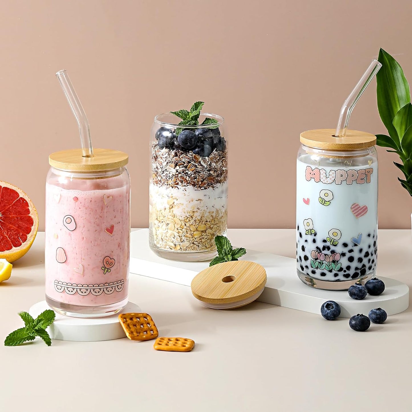 [ 12pcs Set ] Glass Cups with Bamboo Lids and Glass Straw - Beer Shaped Drinking Glasses, 16 oz Iced Coffee Glasses, Cute Tumbler Cup for Smoothie, Boba Tea, Whiskey, Water - 4 Cleaning Brushes
