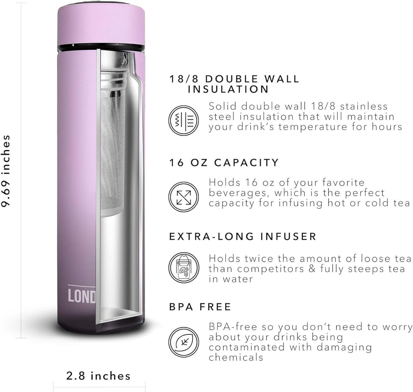 The London Sip Multi-Purpose Travel Mug and Tumbler Fruit Infused Flask Hot and Cold Double Wall Stainless Steel Thermos with Extra-Long Infuser, Purple