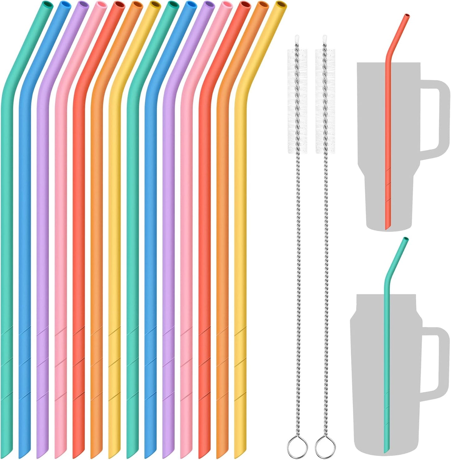 NiHome 14PCS Silicone Straws Fit for Stanley 40oz 30oz Tumbler, 14” Extra Long Reusable Drinking Straw, Flexible Can Cut Length for 1/Half Gallon 75 64 OZ Large Water Bottle - 2 Brushes (Rainbow)