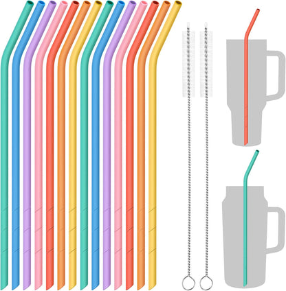 NiHome 14PCS Silicone Straws Fit for Stanley 40oz 30oz Tumbler, 14” Extra Long Reusable Drinking Straw, Flexible Can Cut Length for 1/Half Gallon 75 64 OZ Large Water Bottle - 2 Brushes (Rainbow)