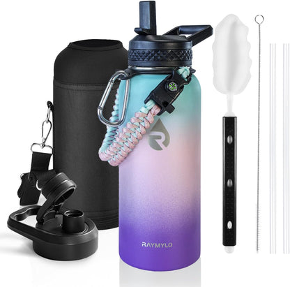 RAYMYLO One Gallon Water Bottle Insulated, Triple Walled Vacuum Stainless Steel (Cold for 48 Hrs), Leak Proof & Non-BPA, Large Water Flask Jug with Paracord Handle & Straw Spout Lids