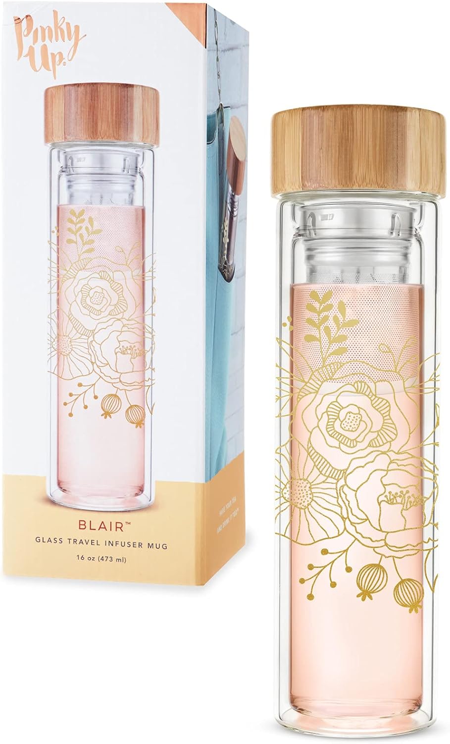 Pinky Up Blair Travel Tea Infuser Mug, Double Walled Insulated Travel Tumbler with Loose Leaf Tea Strainer, Travel Coffee Mug, Keeps Drinks Hot or Cold, 16 oz, White Leaf