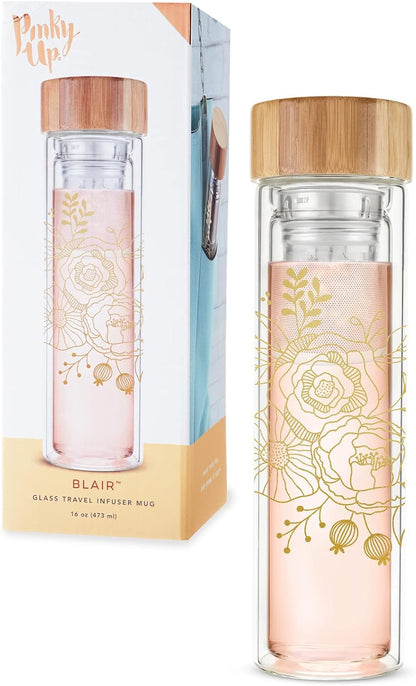 Pinky Up Blair Travel Tea Infuser Mug, Double Walled Insulated Travel Tumbler with Loose Leaf Tea Strainer, Travel Coffee Mug, Keeps Drinks Hot or Cold, 16 oz, White Leaf