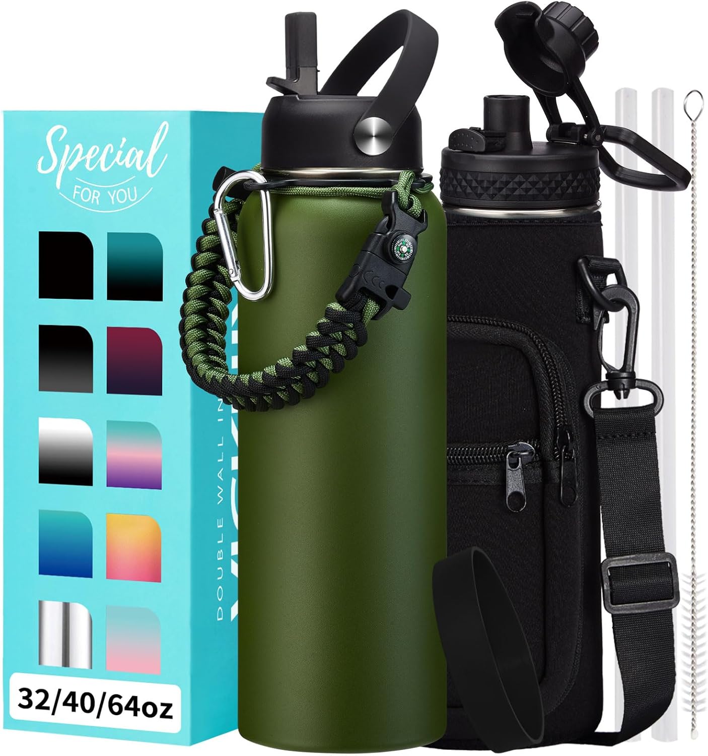 32/40/64OZ Insulated Water Bottle - Keep Cold 48H Hot 24H, Combo Straw/Spout Lids, Paracord Handle for Gym/Hiking, Carrier Bag +Strap, Cup Mat, BPA-Free Stainless Steel Flask Jug