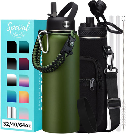 32/40/64OZ Insulated Water Bottle - Keep Cold 48H Hot 24H, Combo Straw/Spout Lids, Paracord Handle for Gym/Hiking, Carrier Bag +Strap, Cup Mat, BPA-Free Stainless Steel Flask Jug