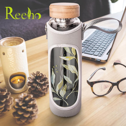 32oz Borosilicate Glass Water Bottle with Tea Infuser, Tea Tumbler with Strainer, Reusable Travel Mug with Sleeve & 2 Lids, Glass Drinking Bottle for Hot or Cold Drinks