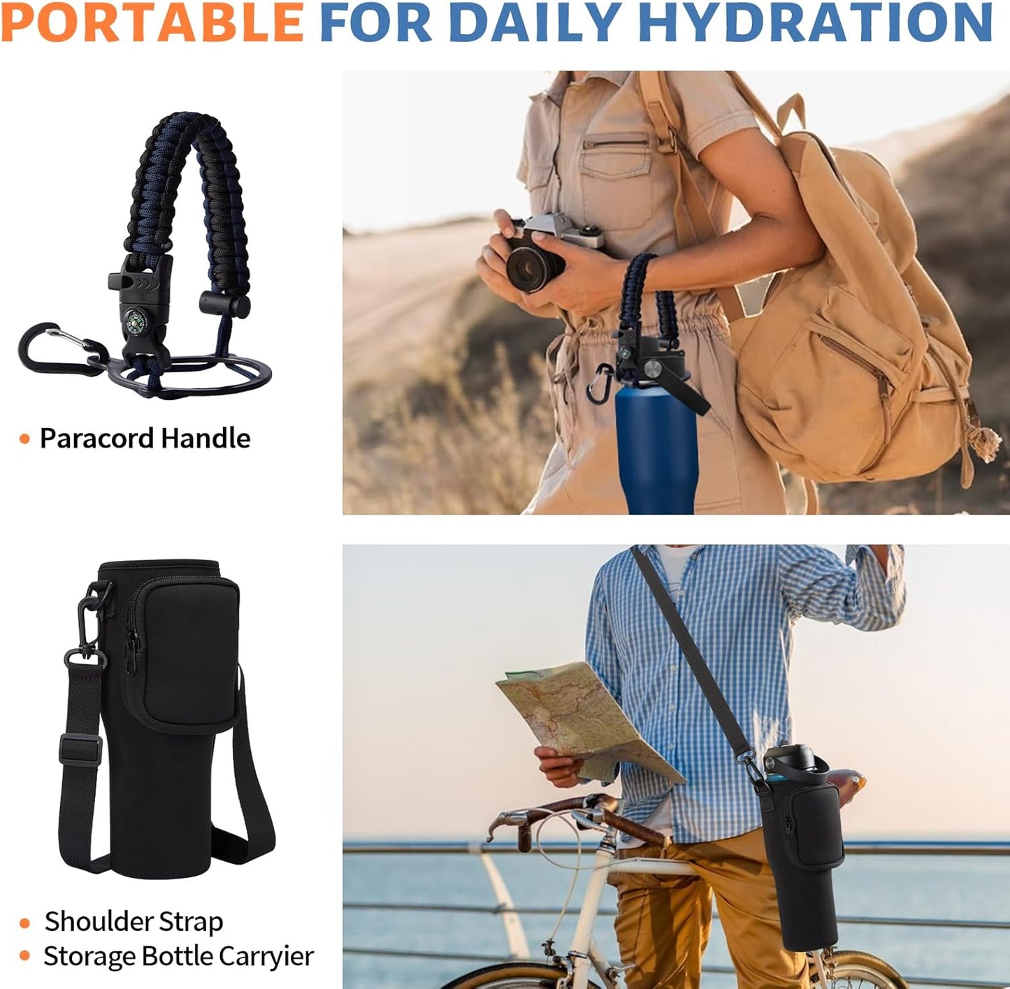 Insulated Water Bottle 40 oz - Fits in any Car Cup Holder, Keep Cold 48H Hot 24H, Stainless Steel Waterbottle Double Wall Flask with Straw, Pop-up Spout Lid, Paracord Handle, Carrier Bag