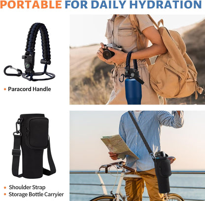 Insulated Water Bottle 40 oz - Fits in any Car Cup Holder, Keep Cold 48H Hot 24H, Stainless Steel Waterbottle Double Wall Flask with Straw, Pop-up Spout Lid, Paracord Handle, Carrier Bag