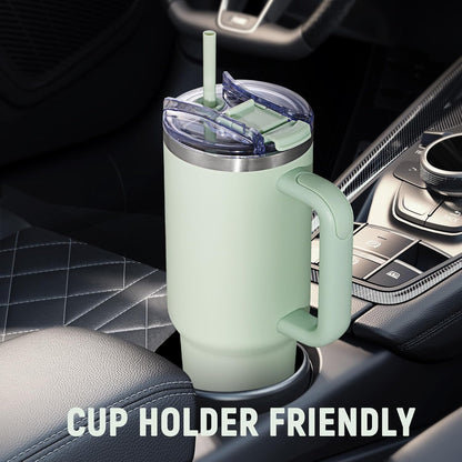 40 oz Tumbler with Handle and Straw Lid,Insulated Reusable Stainless Steel Water Bottle Travel Mug，Cupholder Friendly Double Wall Vacuum Sealed Cup (Black)