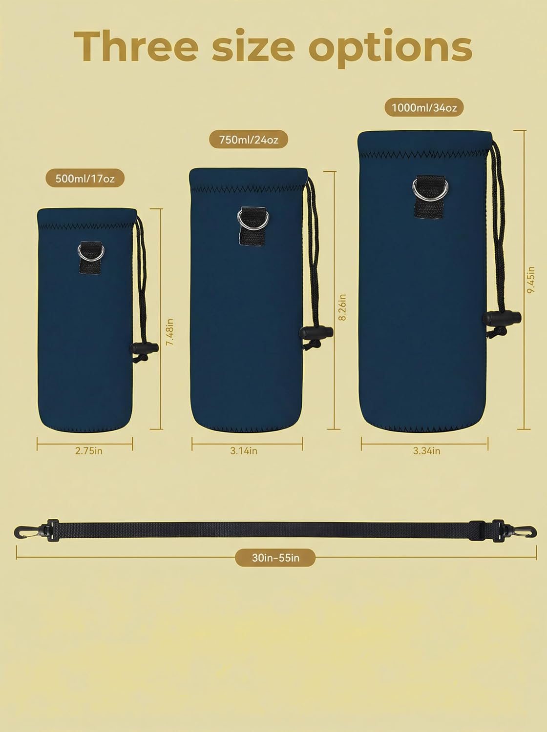 Neoprene 500ML/750ML/1000ML Water Bottle Bag Carrier, Portable Insulated Bottle Sling Holder Case Pouch with Adjustable Shoulder Strap for Men Women Walking Hiking Running
