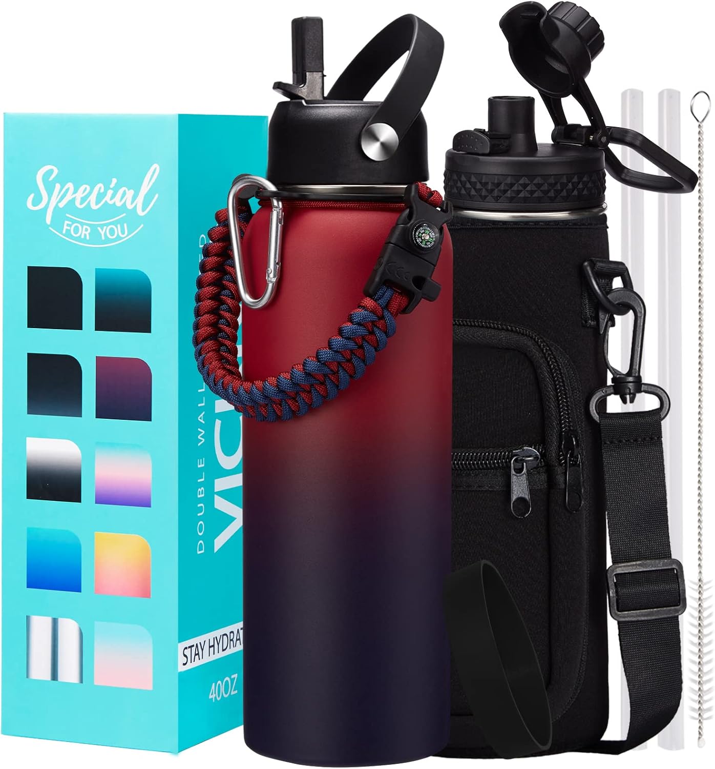 32/40/64OZ Insulated Water Bottle - Keep Cold 48H Hot 24H, Combo Straw/Spout Lids, Paracord Handle for Gym/Hiking, Carrier Bag +Strap, Cup Mat, BPA-Free Stainless Steel Flask Jug