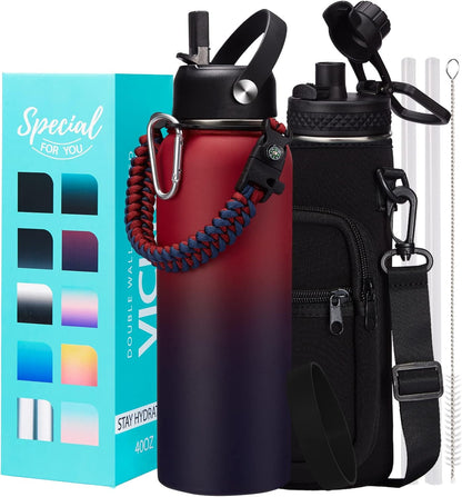 32/40/64OZ Insulated Water Bottle - Keep Cold 48H Hot 24H, Combo Straw/Spout Lids, Paracord Handle for Gym/Hiking, Carrier Bag +Strap, Cup Mat, BPA-Free Stainless Steel Flask Jug