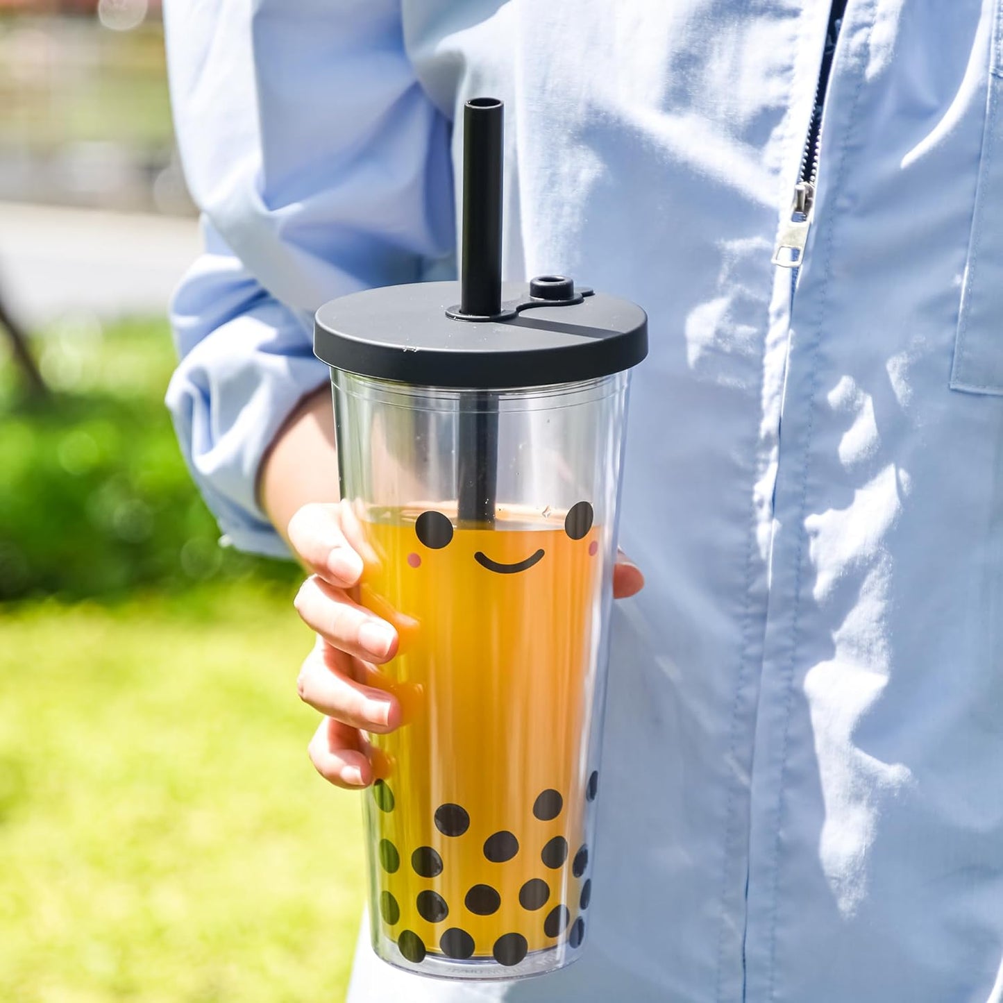 sweet grain Reuasble Boba Cup, 24 oz 100% Leak Proof and Double Wall Insulated Iced Coffee Tumbler with Reusable Plastic Straws and Straw Cleaner(Sky Blue)