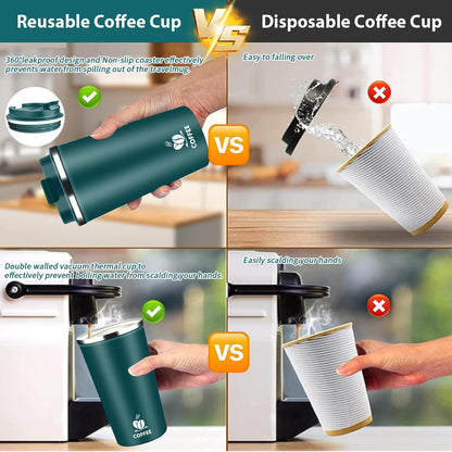 Insulated Travel Coffee Mug Reusable Coffee Tumbler Cup with Flip Lid Leak Proof Spill Proof for Office School Party Camping Hot and Cold Drink,Stainless Steel 17oz (Black)
