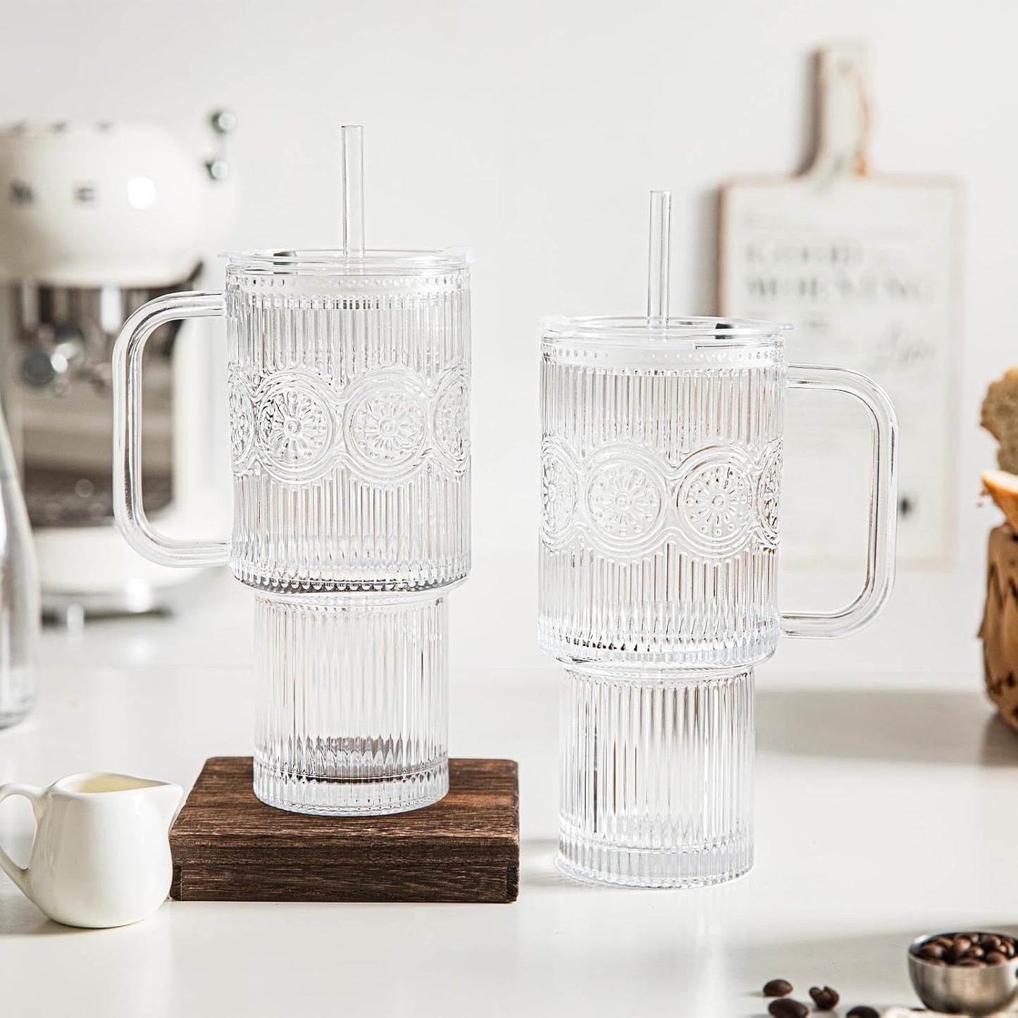 INSETLAN 24oz Ribbed Glass Tumbler with Handle & Lid – 2-Pack Large Iced Coffee Cups with Straws, Modern Glass Mug for Cold & Hot Beverages, Aesthetic Travel Cup for Smoothies, Tea, and Juice