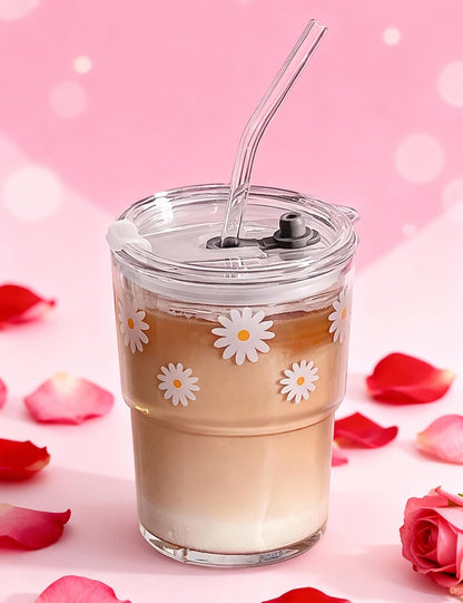 Olvini 13oz Glass Tumbler with Straw and Lid, Reusable Iced Coffee Cup Tumbler, Cute Glass Cups for Water, Matcha, Travel Coffee Mugs (Daisy)
