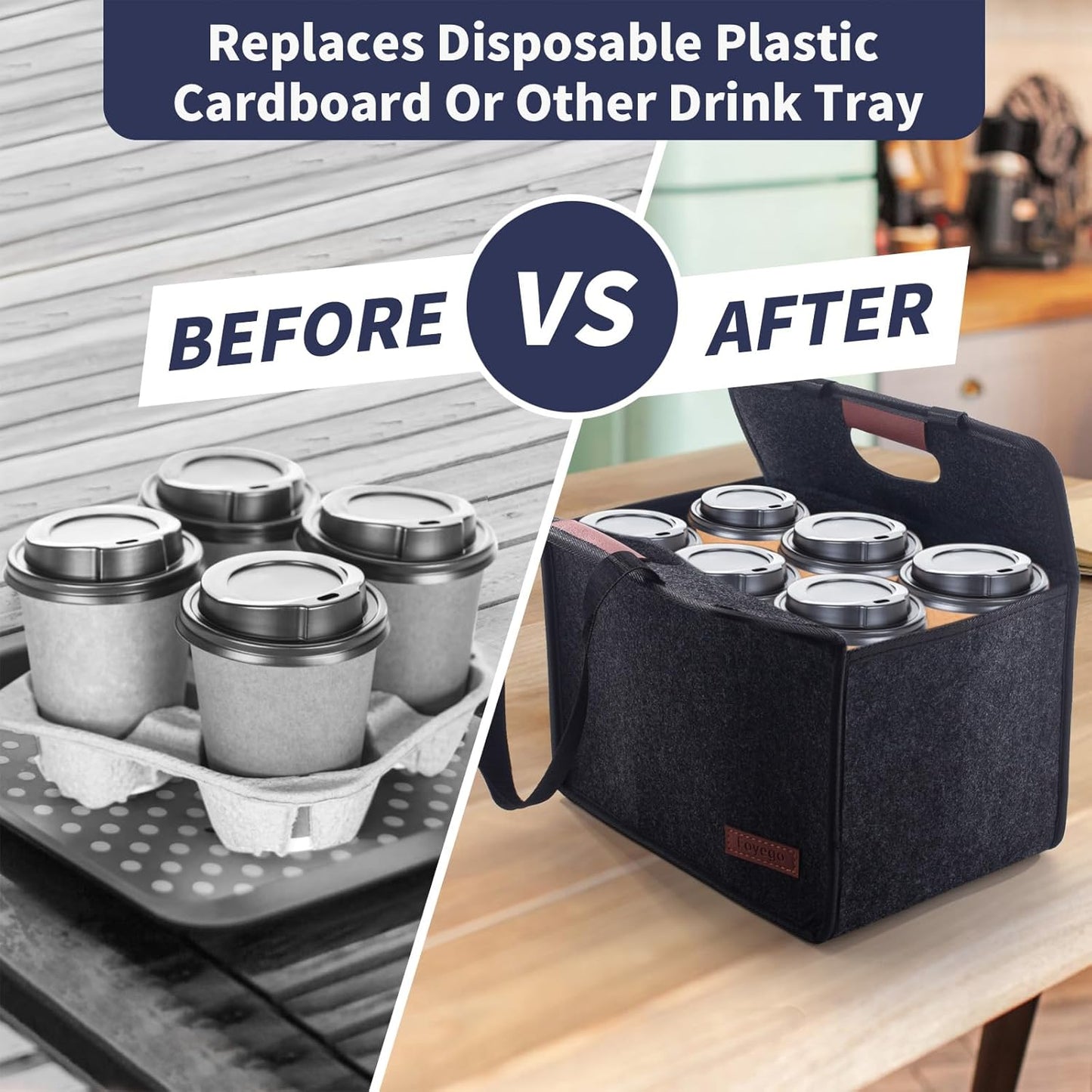 Foyego 4 Cup Drink Carrier with Handle, Reusable Insulated Drink Caddy Drink Holder for Car, Folding Portable Coffee Cup Holder Bag for Travel and Delivery